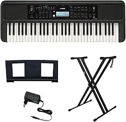 Kit Teclado Arranjador 61 Teclas PSR E383 com Fonte Bivolt e Suporte em X