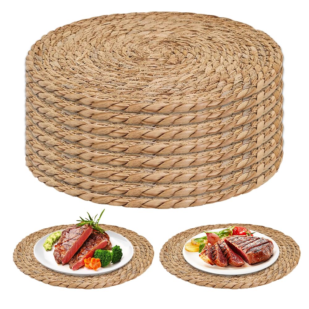 Hojalis Round Woven Placemats, Round Woven Placemats Set of 8, 30cm Handwoven Water Hyacinth Placemats, Wicker Placemat, Rattan Placemat, Braided Wicker Table Mats Dining Table, Home, Party, Wedding