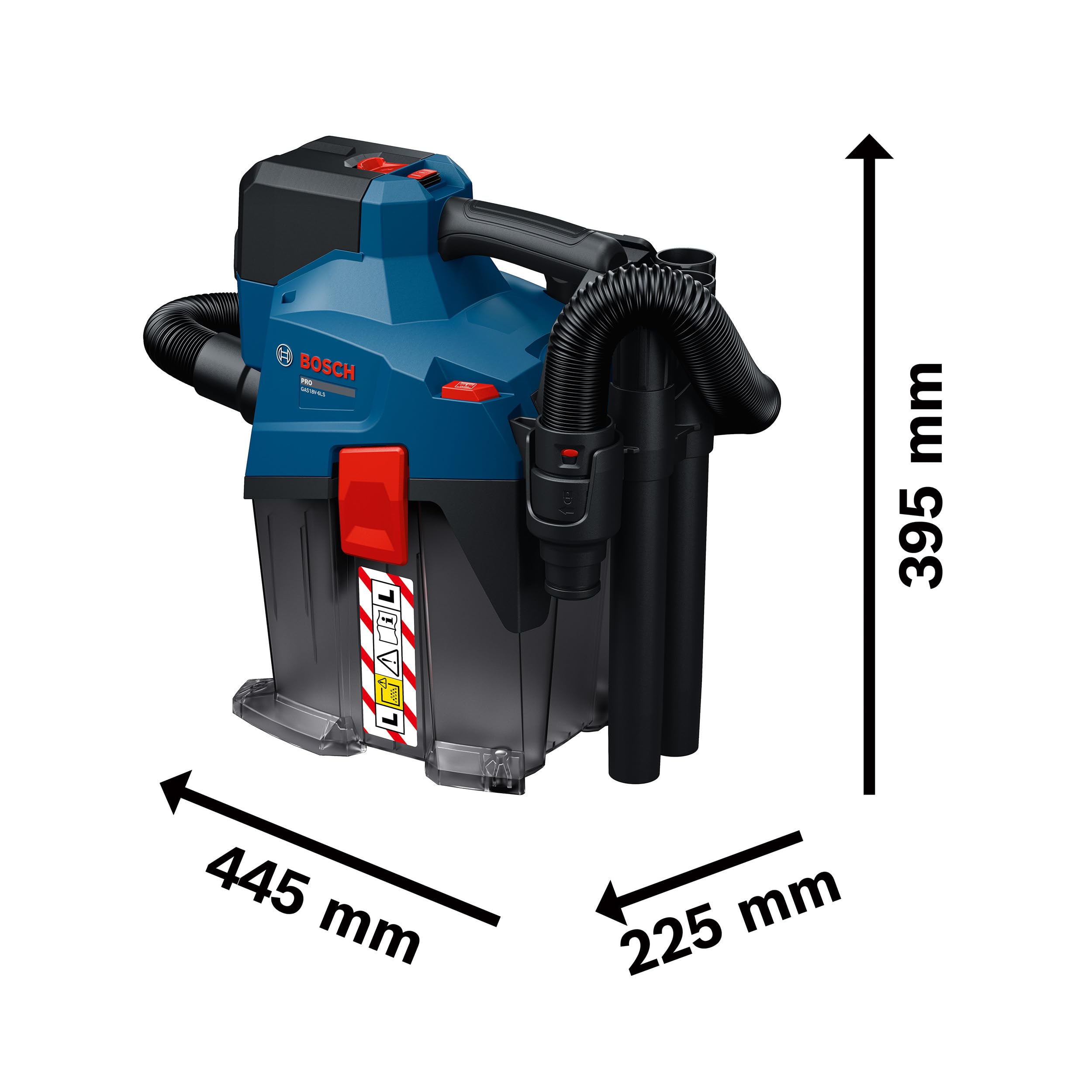 Bosch PRO 18V System Aspirateur sans-fil GAS18V-6LS (avec flexible, tuyau coudé, suceur droit, suceur pour sols, adaptateur PT, tubes, sac non-tissé)