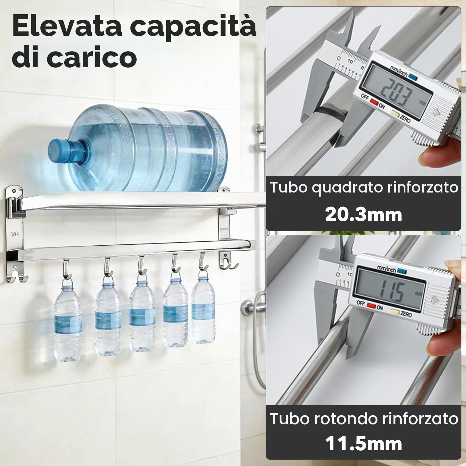 Portasciugamani pieghevole a 90° da parete autoadesivo con 5 ganci, portasciugamani a 2 piani in acciaio inox, mensola da bagno con doppia asta (50 cm)