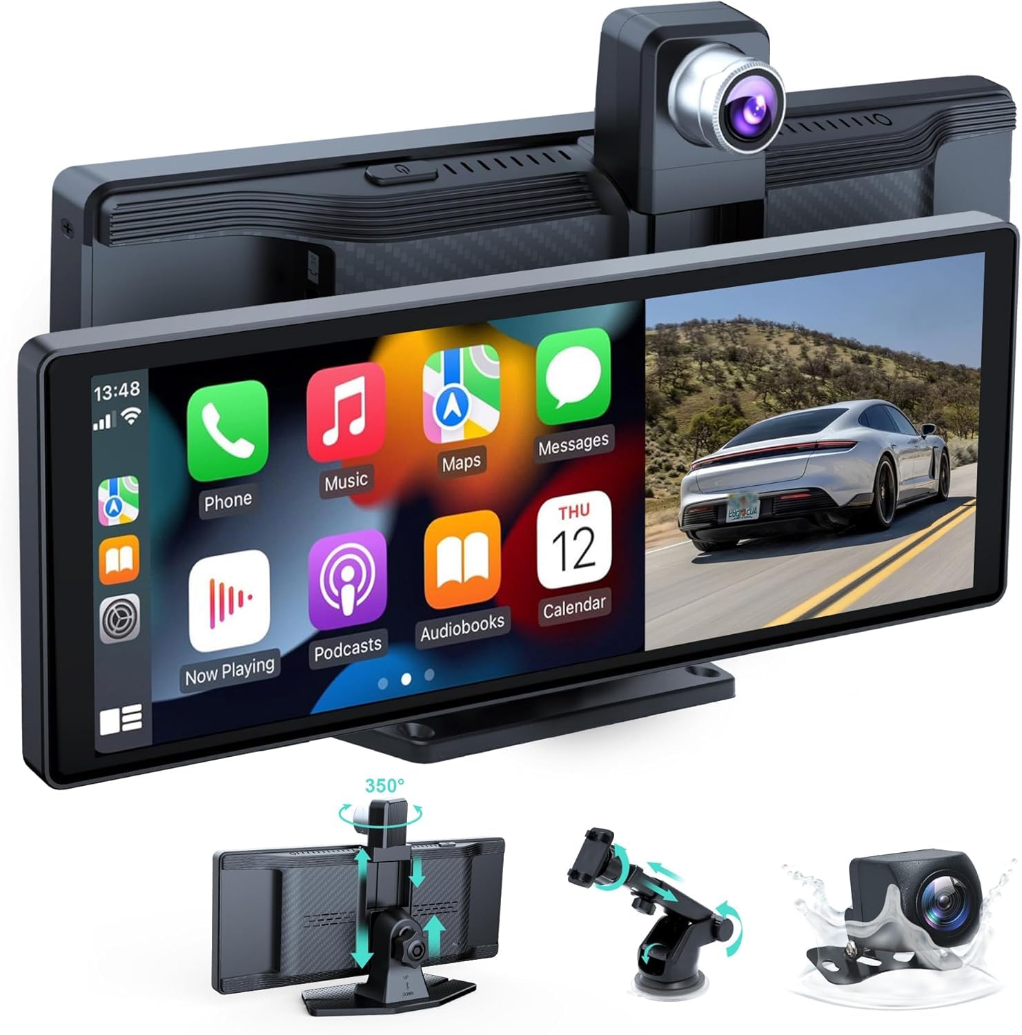 Pantalla Coche 10,26 Pulgadas, Compatible con CarPlay inalámbrico y Android Auto, Pantalla Carplay con grabadora de conducción Delantera y Trasera 4K+1080P, con Mirror Link/64G TF