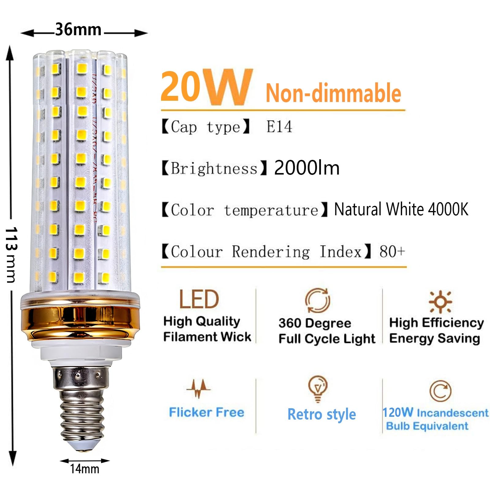 Lampadine LED E14 Bianco Naturale 4000K 20W Equivalenti a 200W Risparmio energetico (CRI>80) Senza sfarfallio for Soggiorno Camera da letto Cucina Non dimmerabile(6 Pack)