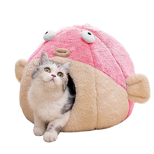 Cat Beds for Indoor Cats - Cat Bed Cave with Removable Washable Cushioned Pillow, Soft Plush Premium Cotton No Deformation Pet Bed, Lively Pufferfish cat House Design, Pink, Multiple Sizes - M 14.6'' - pink