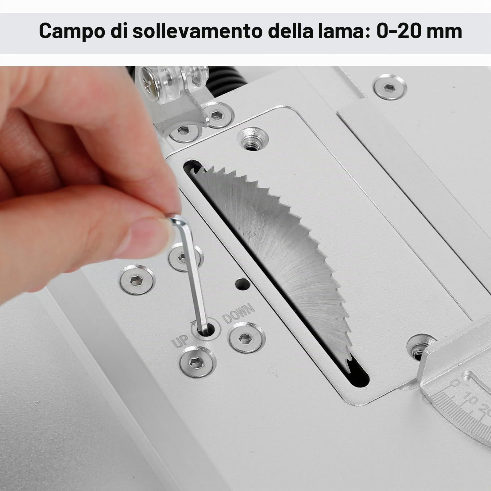 Mini sega da tavolo, 240 W, doppio controllo del motore, con disco abrasivo da 2 pollici, 10 cuscinetti per lucidatura e 4 lame, profondità di taglio regolabile, seghe circolari da tavolo, spina