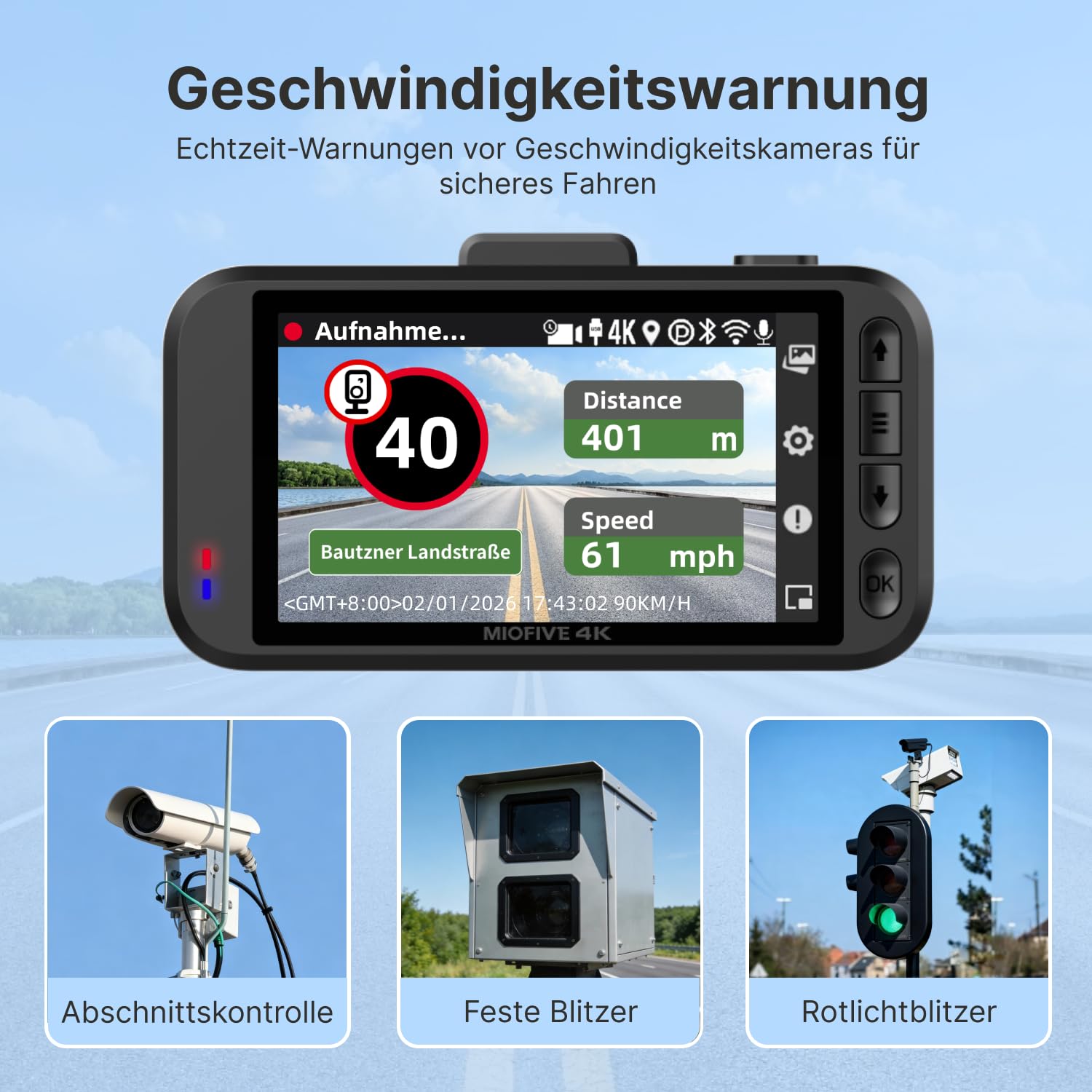 Miofive Dashcam für Front- und Rückkamera 4K/2K, GPS, WiFi, Bluetooth, 3-Zoll-IPS-Display, Nachtsicht, Loop-Aufnahme, HDR, App-Steuerung und unterstützt bis zu 512 GB mit einer kostenlosen 32-GB-Karte