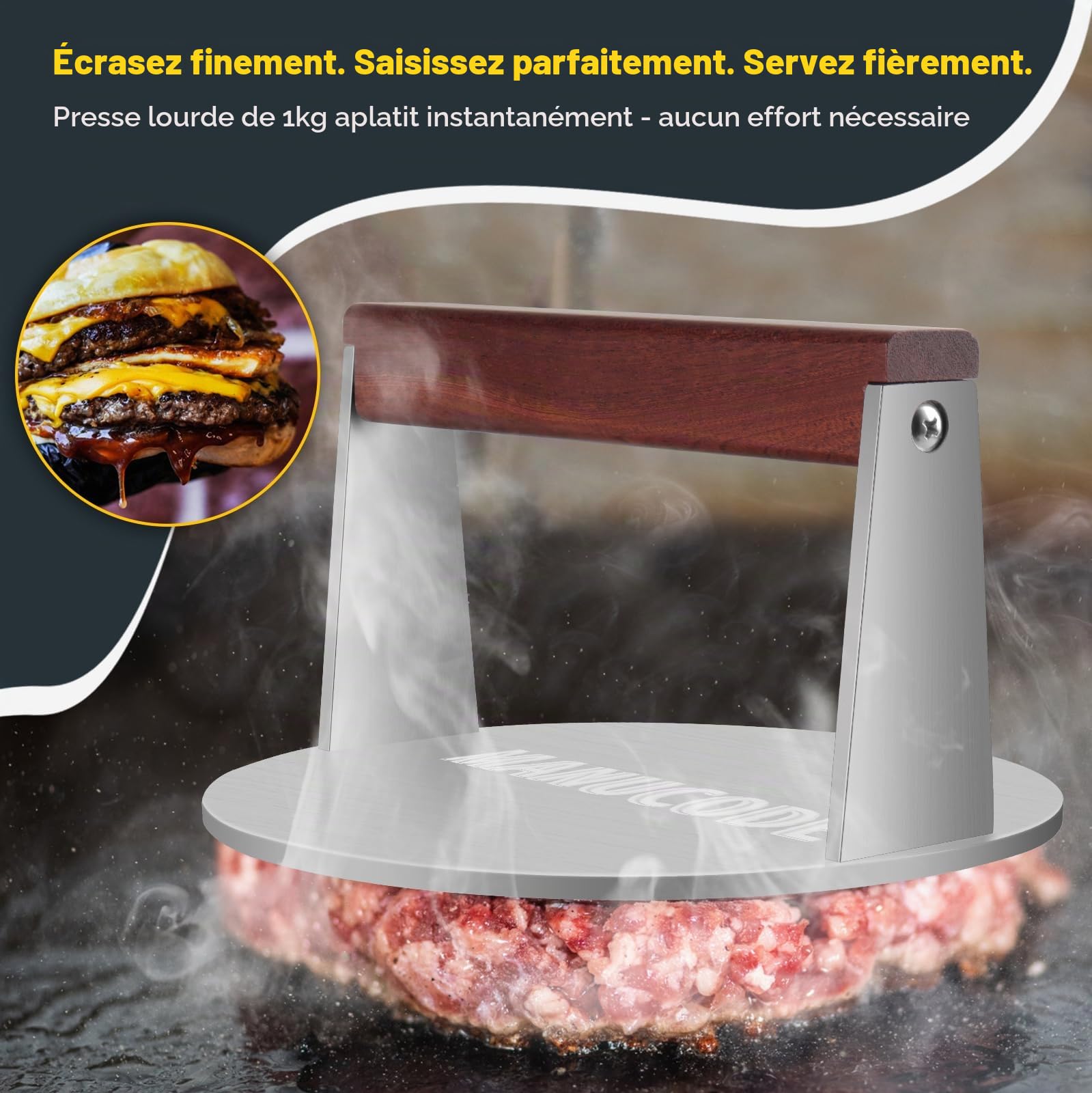 Presse à hamburger Smash en acier inoxydable, 17cm, 1000g Smasher à burger, presse-viande pour steak
