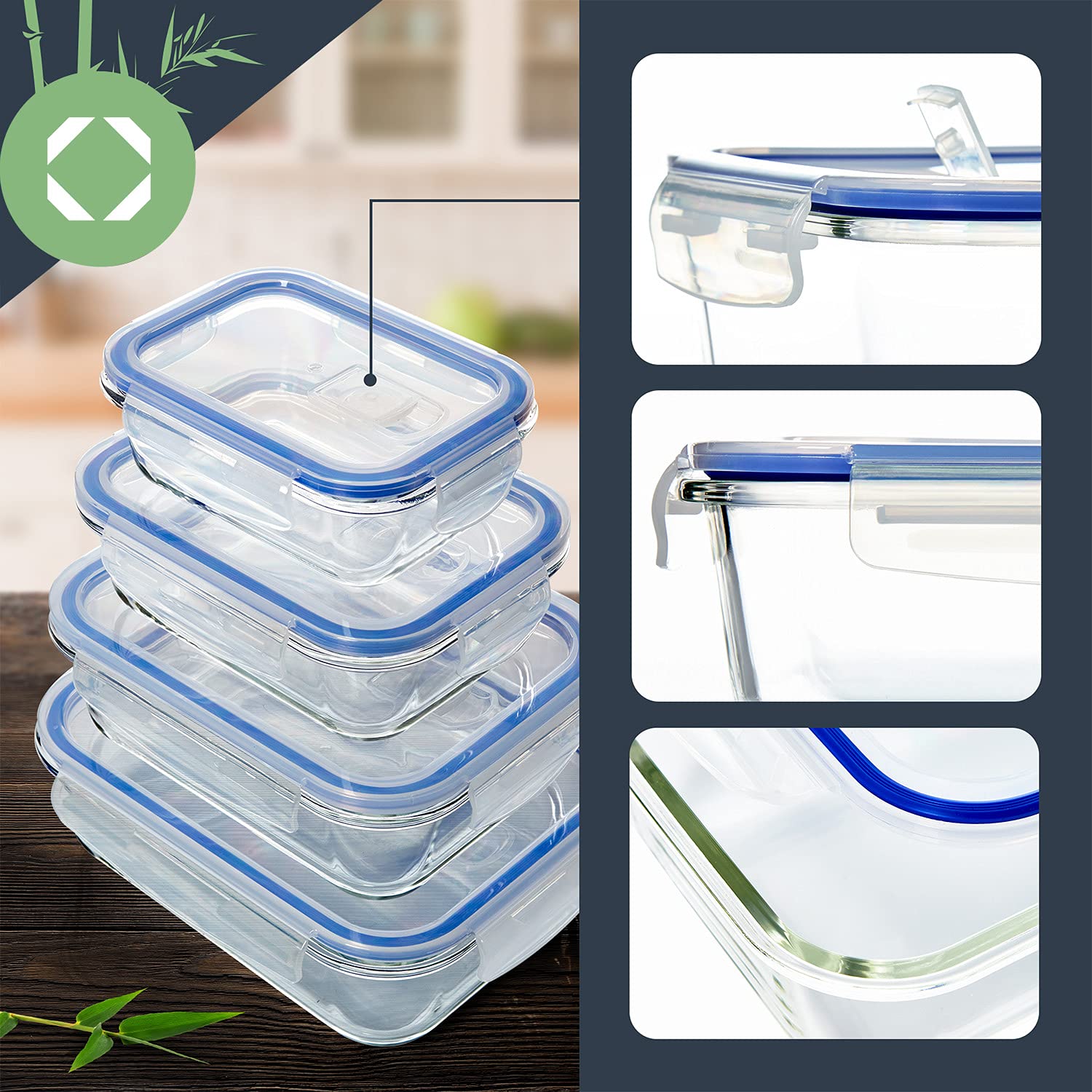recipientes de vidrio herméticos con tapa estanca, set de 4 | envases reutilizables y apilables 370/640/1040/1520 ml - fuente de horno, fiambrera, fuente para gratinar