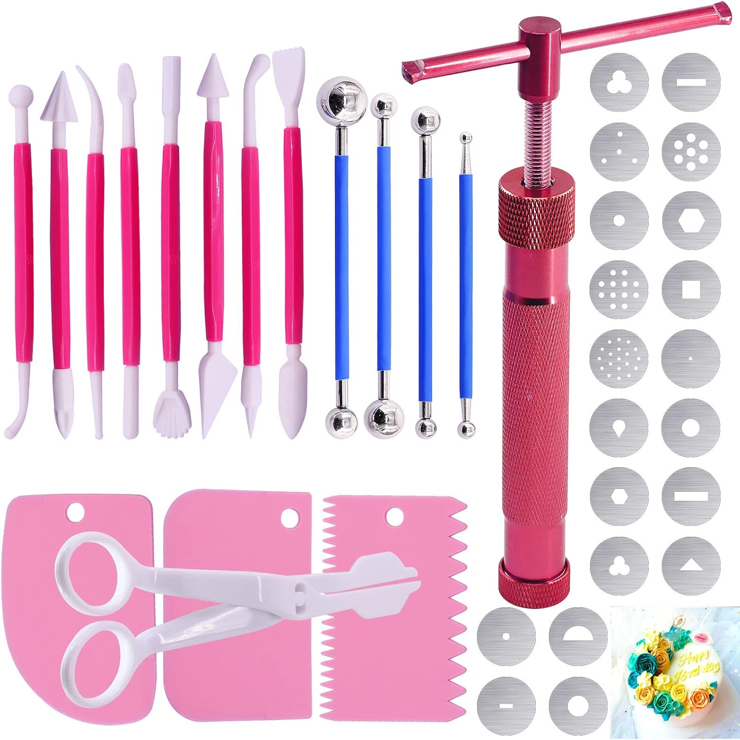 Keadic 37Pcs Rose Red Clay Fondant Extruder Cake Decorating Supplies Sugar Modeling Tool Set, Clay Extruder Gun with 20 Tips Sugar Extruder Disks & Ball Stylus Dotting Tool