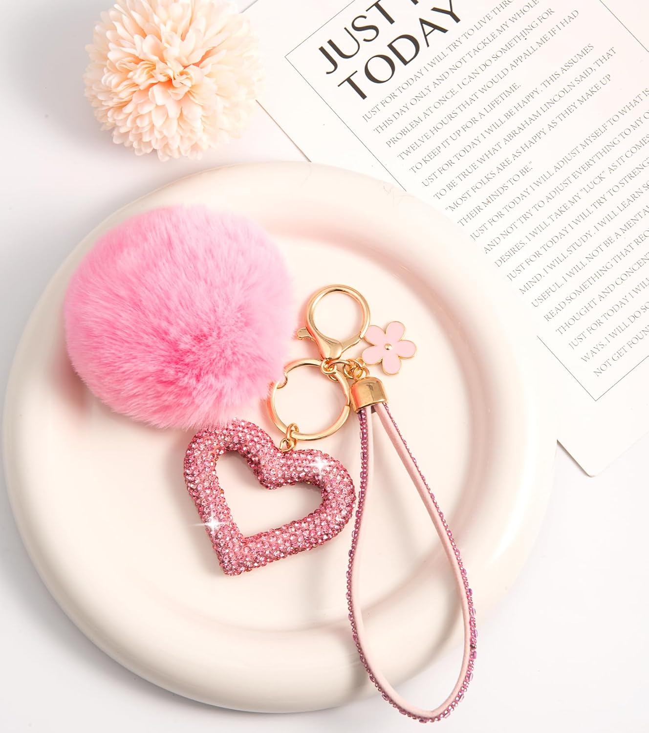 Cute Heart Keychains for Women, Bling Key chain Accessories Girly Wristlet Keychain for Car Keys, Backpack pom pom - Image 2