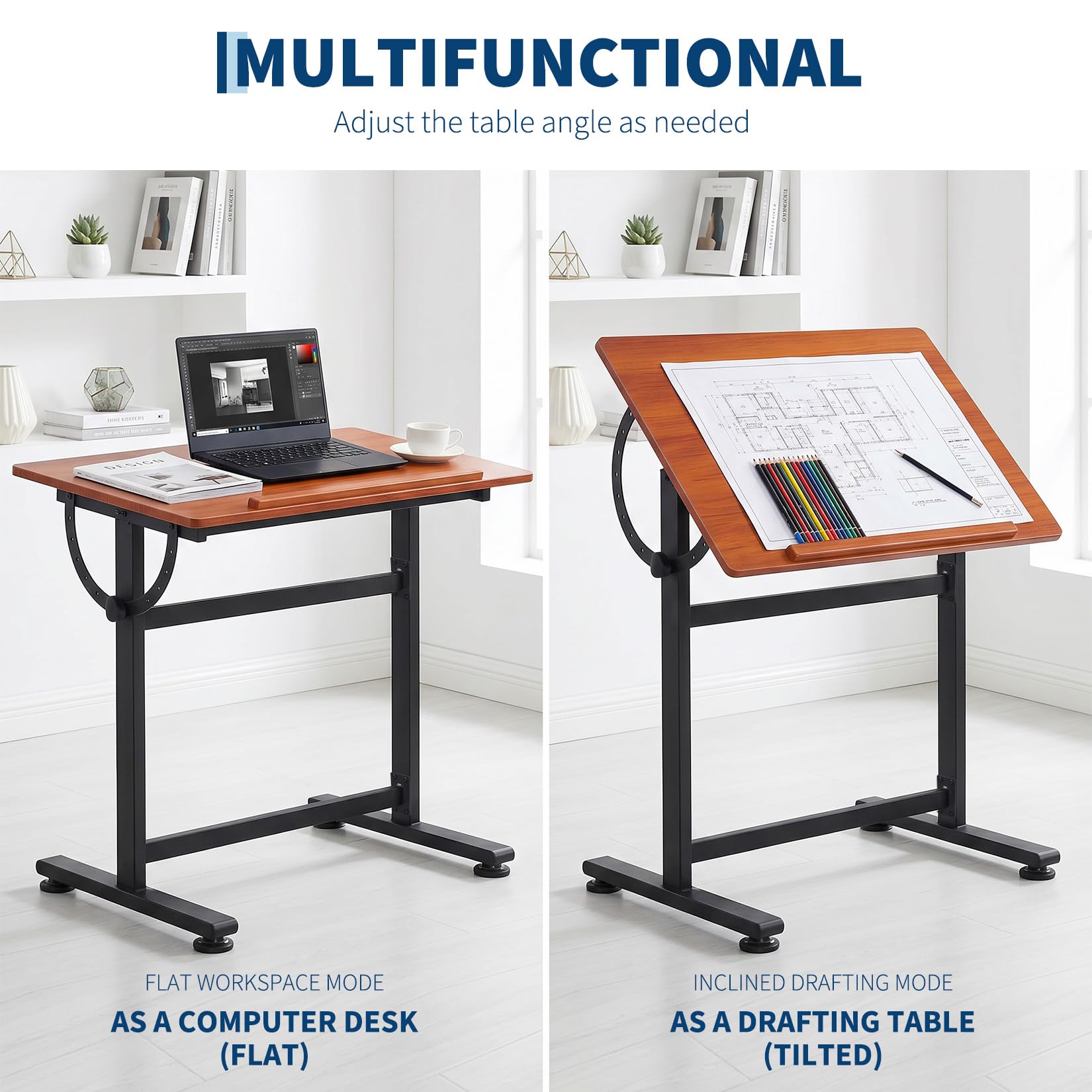 Table à Dessin Inclinable 0°-90° avec Acier Bois, Bureau à Dessin Inclinable avec Finition Noyer, Grand Plateau Antidérapant, Convient pour un Bureau à Domicile, un Studio ou un Usage Professionnel