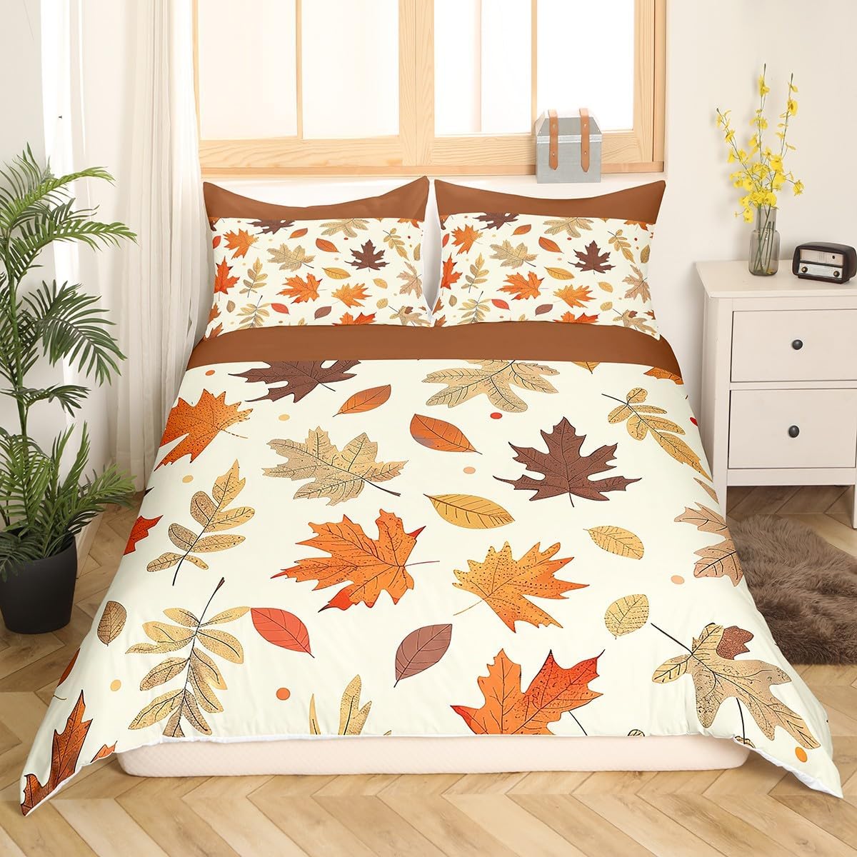 Manfei Fall Duvet Cover Set Queen Size, Autumn Theme Comforter Cover with 2 Pillowcases, Maple Leaves Print Bedding Set 3pcs for Kids Boys Girls Teens Bedroom Decor Fall Harvest Theme Bedspread Cover