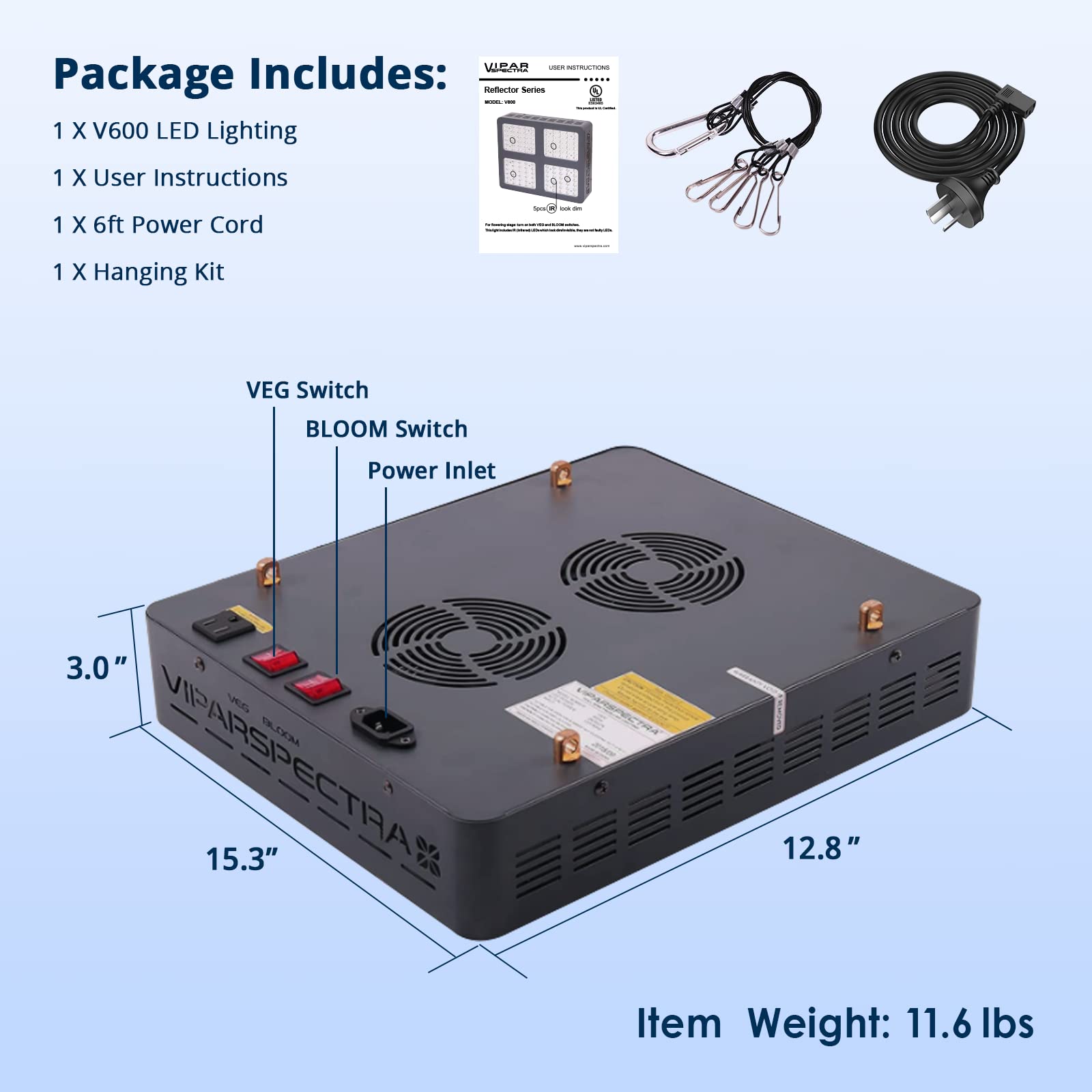 VIPARSPECTRA 600W LED Grow Light,Veg and Bloom Switches, Full  display picture 1