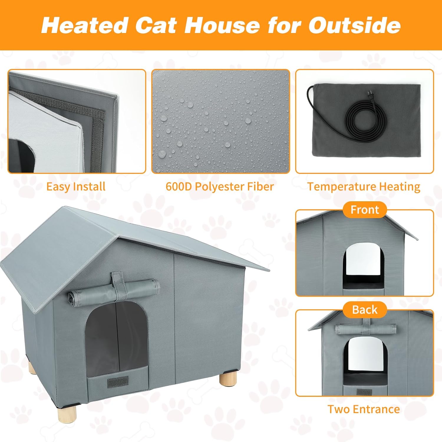 Large Heated Cat House for Outside,Elevated Clawsable Cats House with Cats Heating Pad Outdoor Winter,Weatherproof Warm Feral Cat Shelter with Safe Escape Door for for Multiple Pets