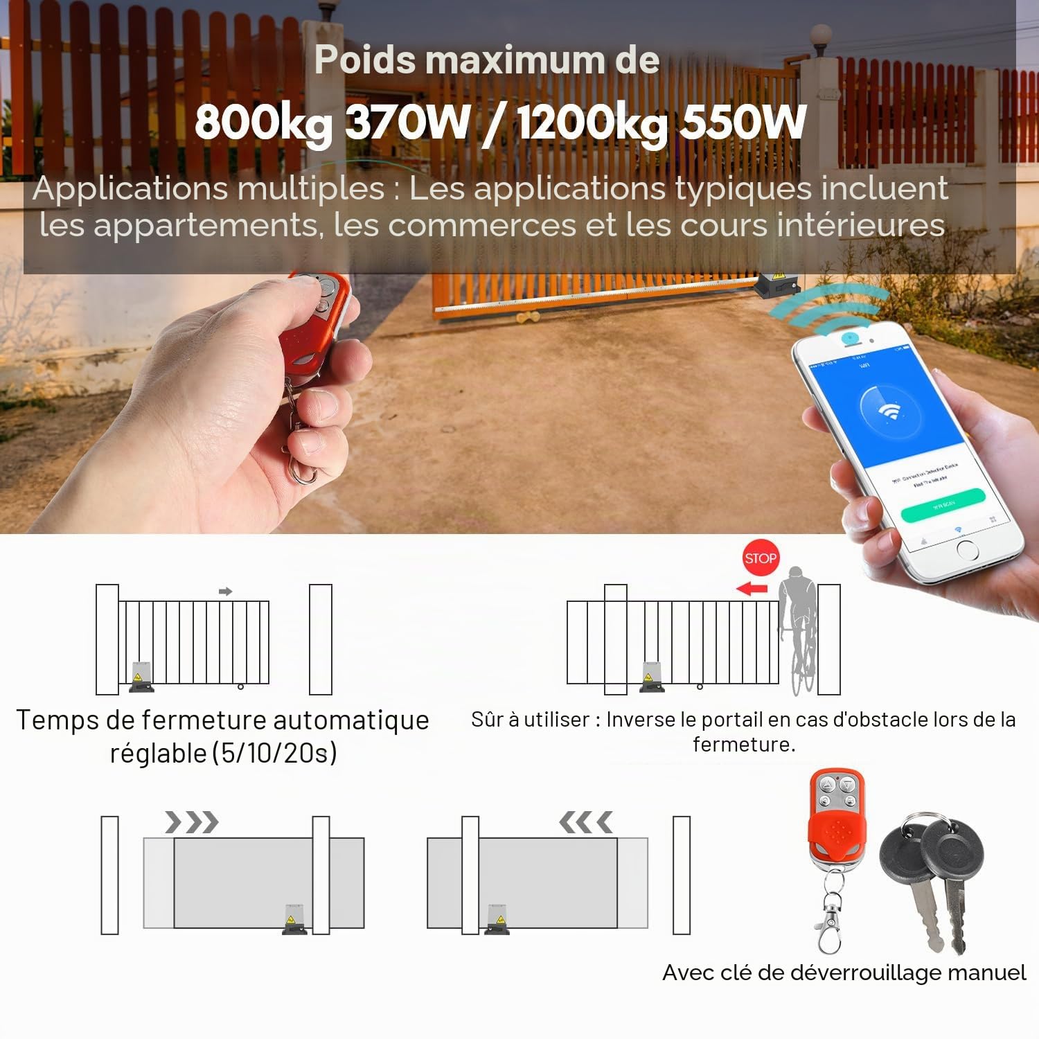 Kit de motorisation de portail coulissant Joparri 1200 kg 550 W, entraînement de portail intelligent WiFi automatique avec 2 télécommandes, 4 m de crémaillère, 2 clés de déverrouillage et fonction de