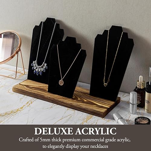 Miniatura 3 de MyGift Busto de 3 paneles de acrílico negro moderno con base de madera maciza quemada rústica, caballete ajustable en forma de cuello, soporte de