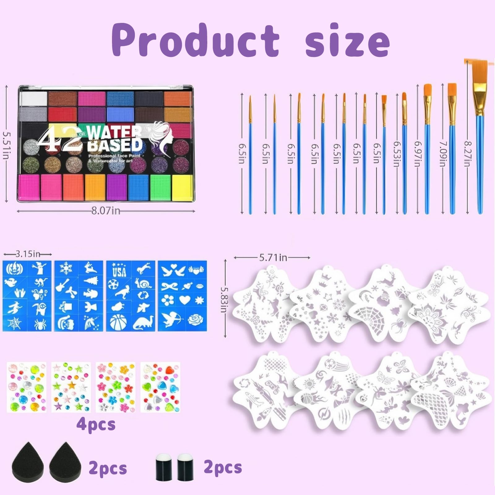 Palette Maquillage Enfant 42 Couleurs, Peinture Corporelle Visage avec 10 Pinceaux, 8 Pochoirs, 4 Éponges, Autocollants & Strass, Idéal Carnaval, Anniversaire, Halloween