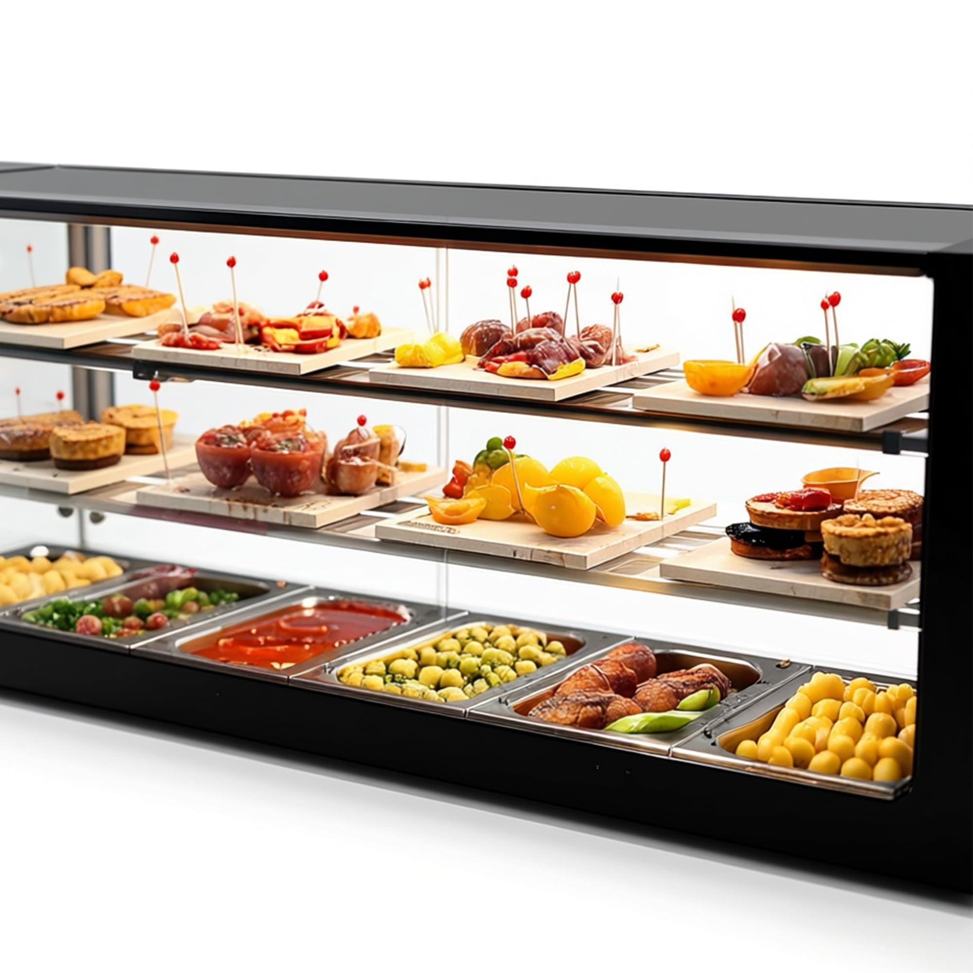 Vetrina tapas Logic WORLDMAI x SAYL, 132 x 38 cm, 3 livelli e 6 vaschette GN 1/3 per ristorazione. Vetrina refrigerata professionale da banco con LED, per bar e ristoranti.