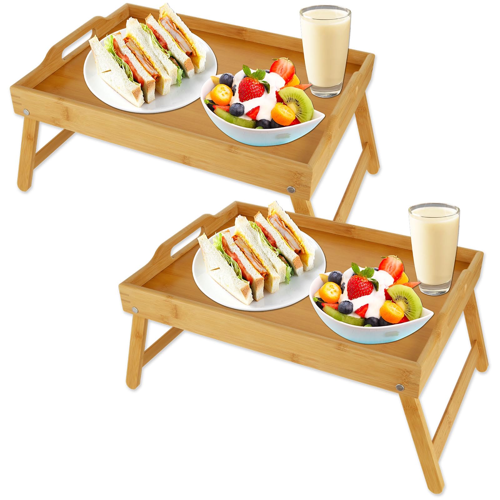 DAJAVE 2 Pack Bamboo Bed Tray Table with Folding Legs Trays for Eating on Lap with Handles Breakfast Tray Table Multipurpose Bed Lap Trays for Sofa, Eating, Working (41.5x30x20.5cm)