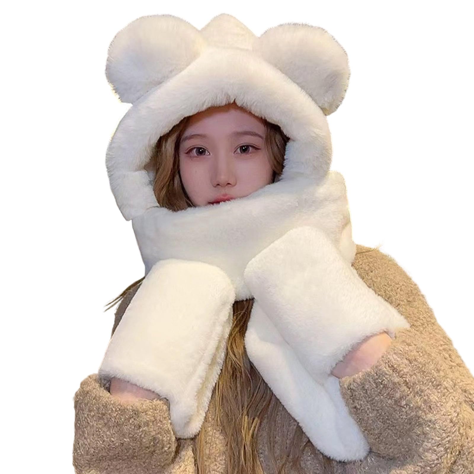 MICFENY Bear Trapper Hat Thicken Ushanka Hat Warm Gloves Winter Outdoor Costume Accessory Warm Oversized Hooded Scarf