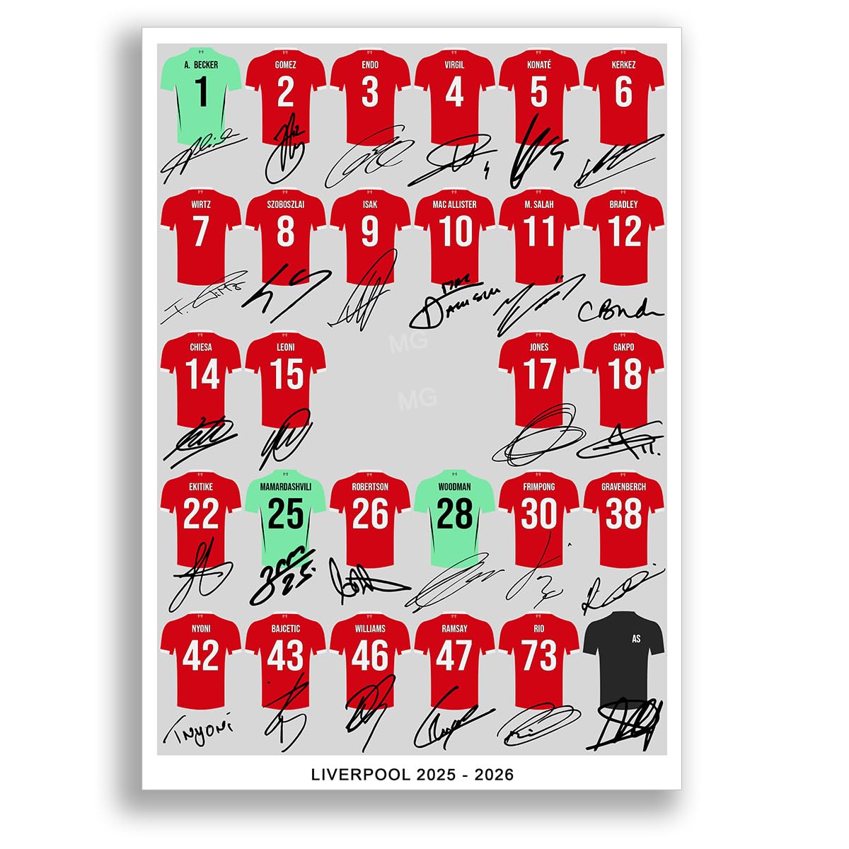 Mounted Gifts Trading Liverpool team squad 2025-2026 Signed poster print framed picture photo autograph gift 25/26 Mo Salah Alexander-Arnold Van Dijk Jota (A4 poster only)