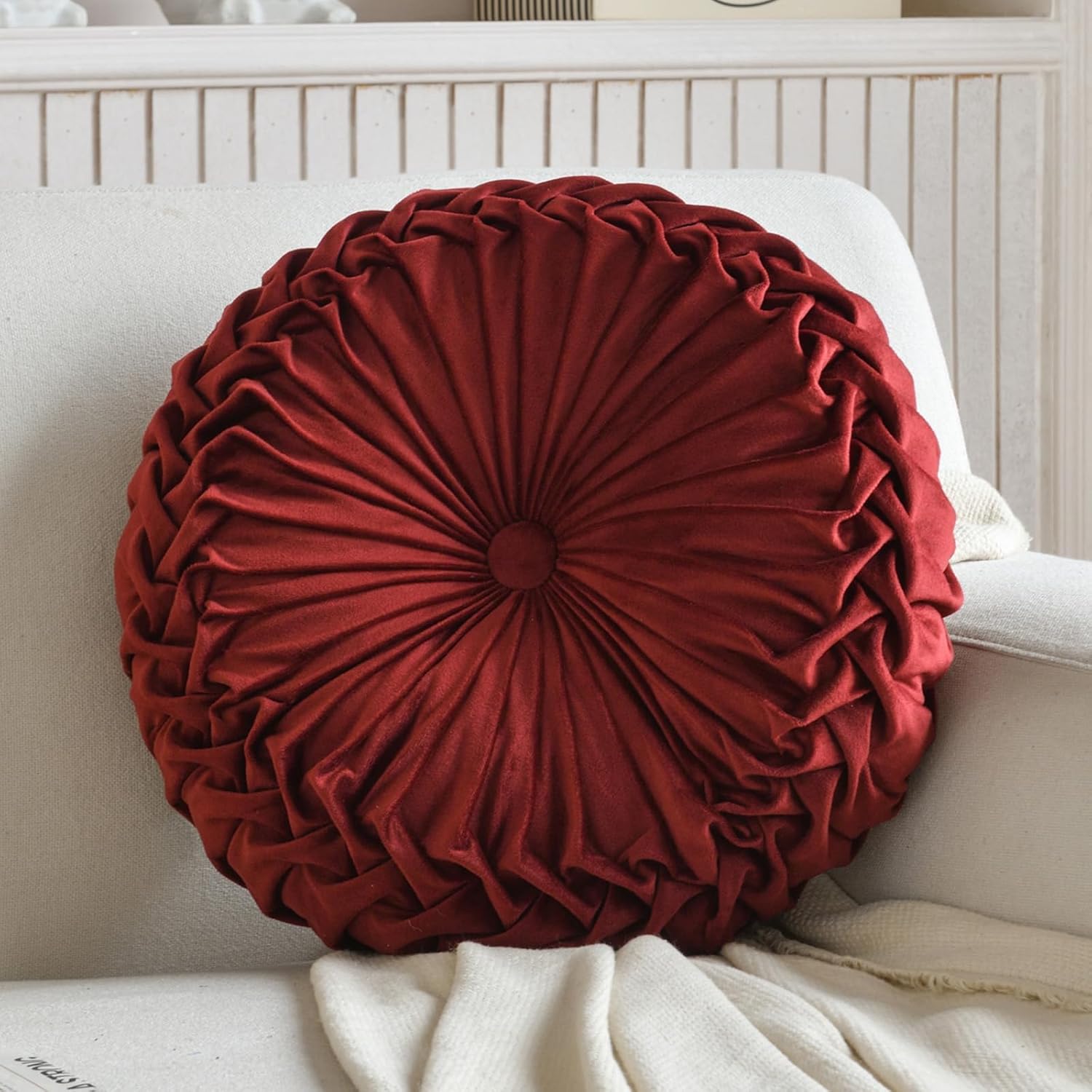2 Pcs Round Throw Pillows Decorative Pumpkin Velvet Boho Pleated Bed Pillows Back Support for Couch Chair Dorm Car 14.96'' (Burgundy)