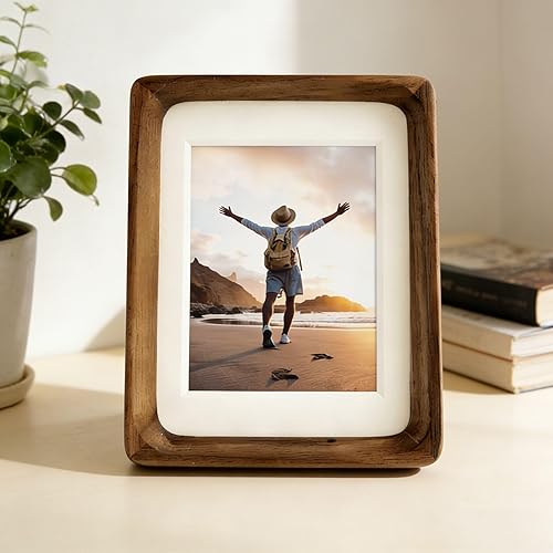 MeowWoof Marcos de fotos de madera natural, marco de fotos de mesa con paspartú, marco de fotos de estilo rústico para colgar en la pared para