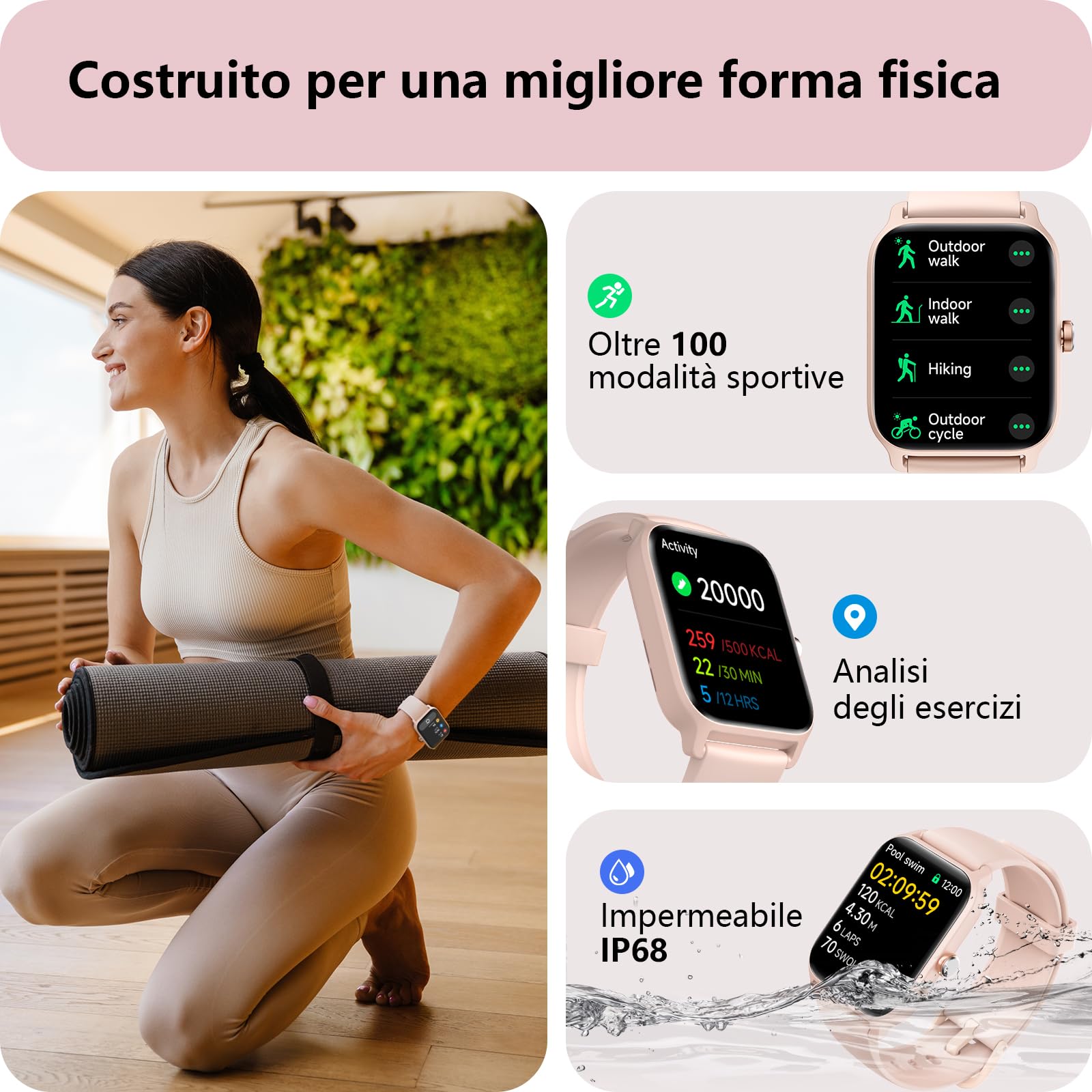 Smartwatch Donna Rispondi/Effettua Chiamate e Alexa, 1.8" Orologio Smartwatch SpO2/Frequenza Cardiaca/Sonno/Stress, Contacalorie/Passi/Distanza, 120 Modalità Sport, Orologio Fitness IP68 Regalo Donna