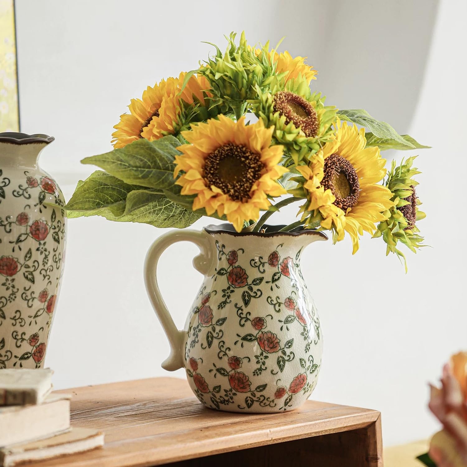 Vintage Ceramic Vase - 8.2 Inch Hand-Painted Roses with Ice Crackle Glaze Finish, American Farmhouse Style Pitcher Vase for Home Decor, Centerpiece, Shelf, Table, Office, Rustic Wedding Gift