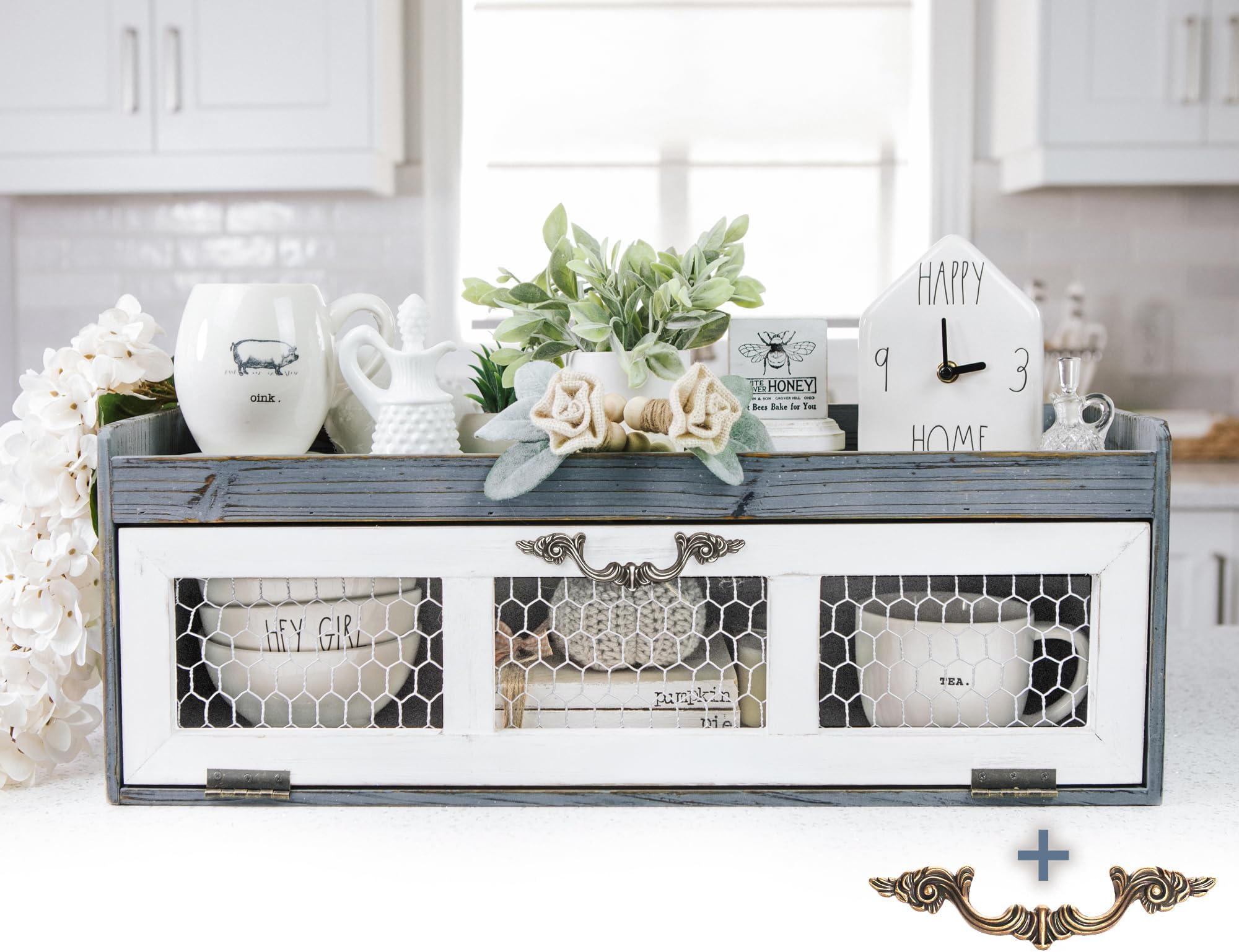 Felt Creative Home Goods Farmhouse Chicken Wire Countertop Shelving Organizer, Decorative Kitchen Pantry Storage Cabinet, Rustic Counter Storage Display, Country Kitchen Island Decor (Dusty Blue Gray)