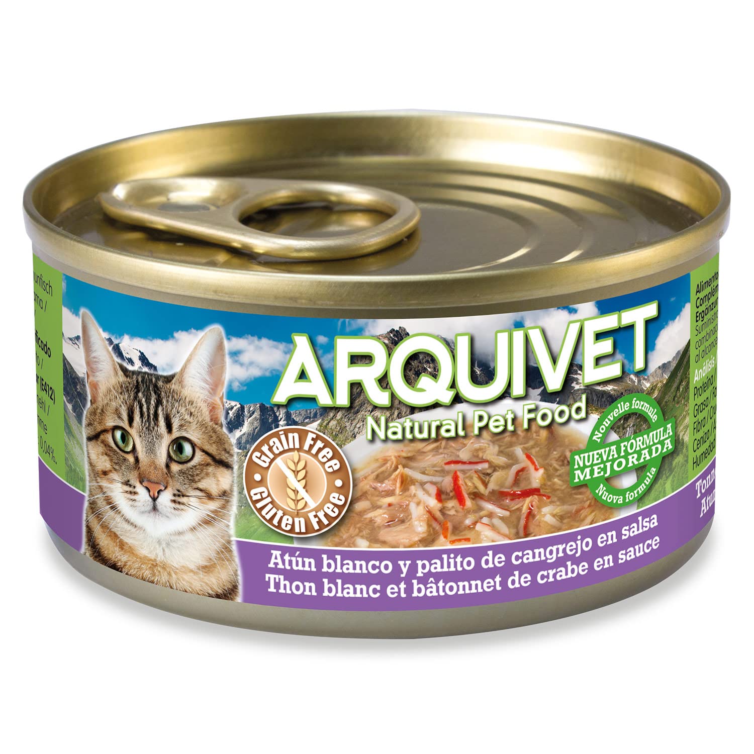 ARQUIVET Pack 24 unités. Thon blanc et bâtonnet de crabe en sauce - Aliments gastronomiques à base d'ingrédients 100% naturels - Emballer 24 unités - 80 gr par unité - Aliments humides pour les chats