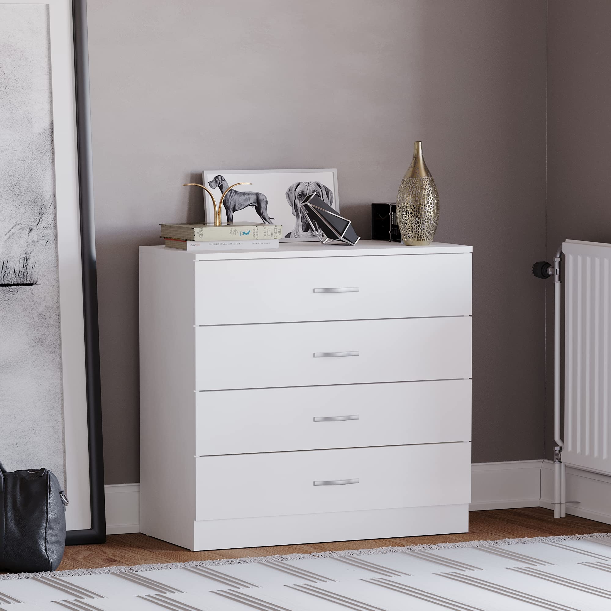 Vida Designs White Chest of Drawers, 4 Drawer With Metal Handles