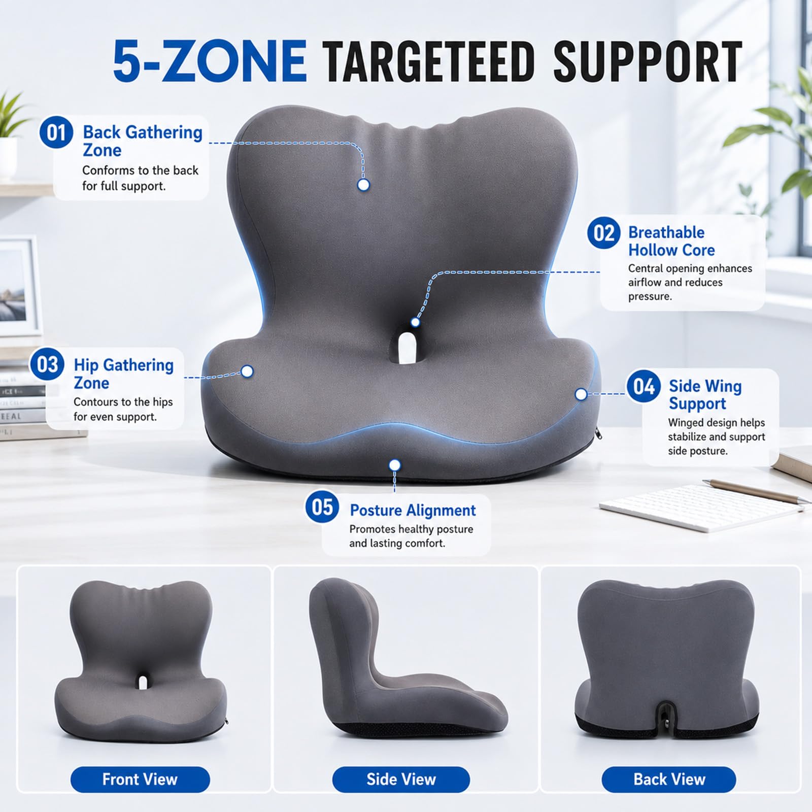 Cojín ortopédico con respaldo, cojín ergonómico de espuma viscoelástica, cojín de asiento con cavidad de coxis para silla de oficina y coche con soporte lumbar, cojín para silla de asiento largo