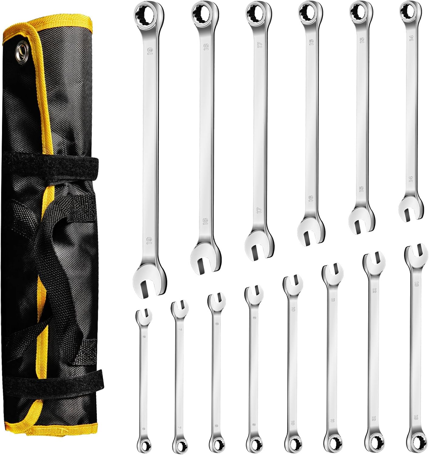 14 Piece Combination Wrench Set，6mm-19mm Metric Wrench Set, Open End and 12-Point Box End Wrenches, CR-V Steel Mirror Chrome Polished,With Wrench Roll