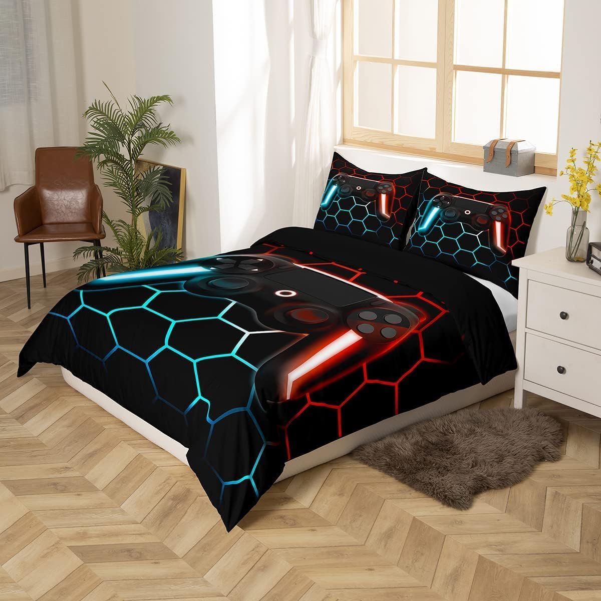 Game Comforter Cover For Boys Gamer Duvet Cover For Boys King Lightweight,Teens Modern Gradient Gaming Bedding Set Gamer Home Decor Goemetric Honeycomb Bedspread Cover + 2 Pillowcase - Image 3
