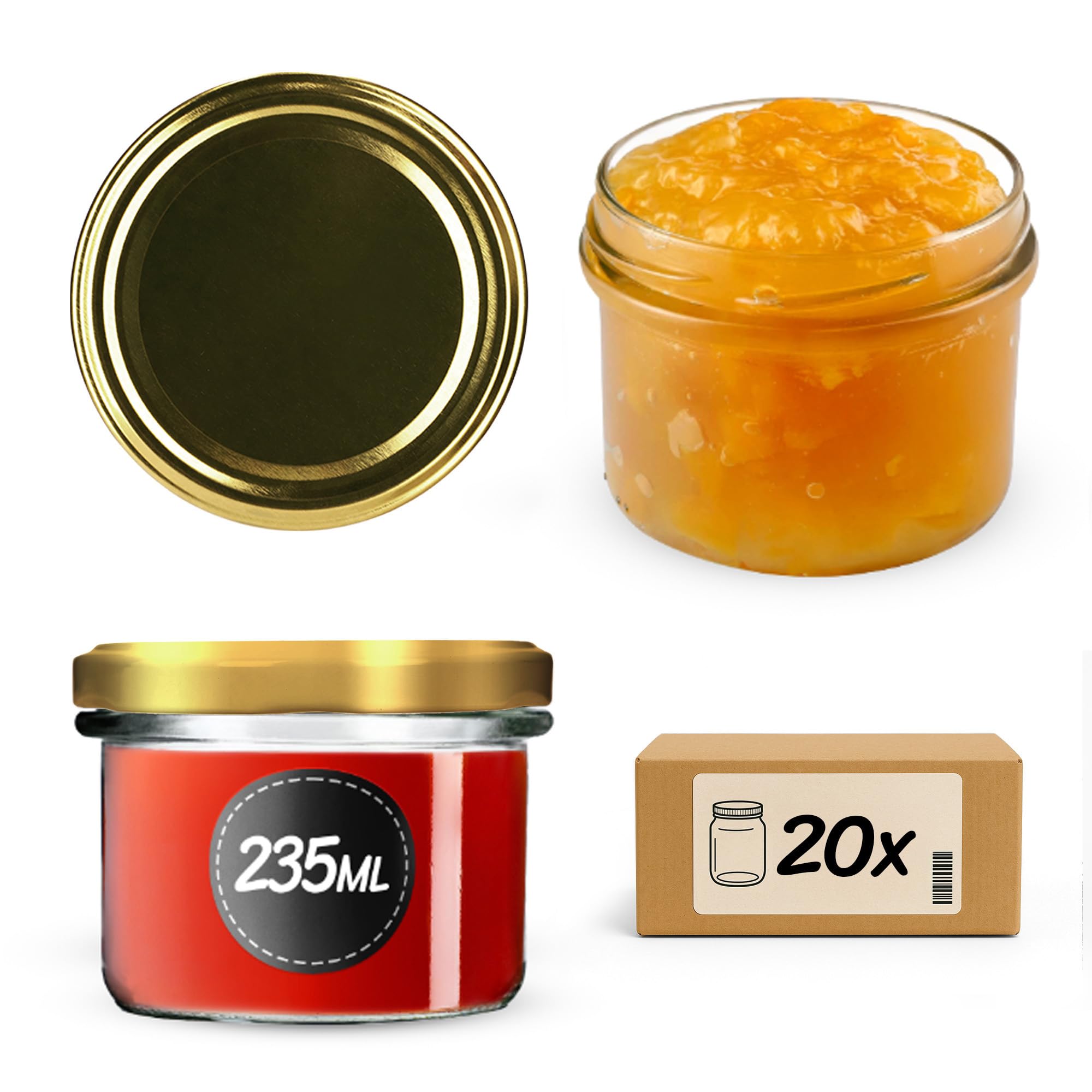 KADAX Set di 20 barattoli per marmellata da 235 ml, TO82, colore oro, con coperchio a vite, ermetici, per miele e marmellate