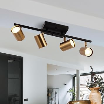 KSANA 4 Light LED Track Lighting Kit, Ceiling Spot Lighting with Adjustable Light Heads, Black and Gold Kitchen Track Lighting, Mid-Century Modern Close to Ceiling Lighting Fixtures GU10 Socket