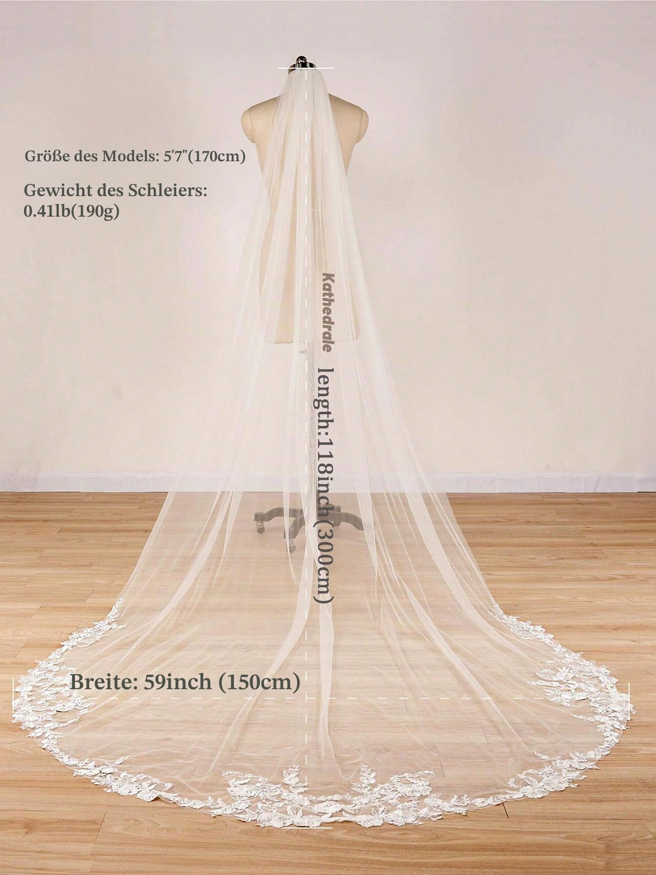EllieWely Lange 1 Tier Spitze Hochzeit Brautschleier mit Metall Kamm F10, Elfenbein, Cathedral length 118"