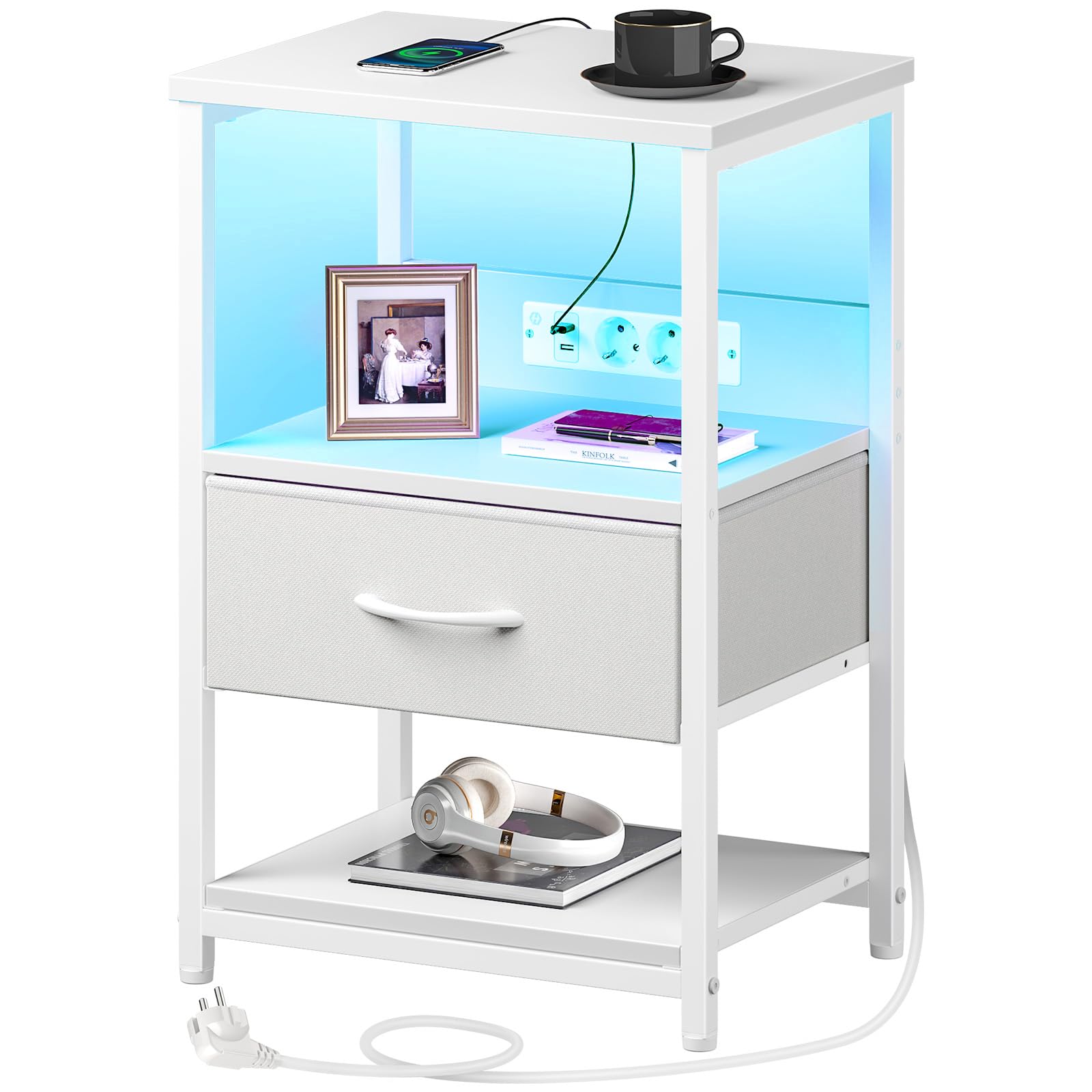 Wit nachtkastje met LED-verlichting en laadstation, modern design bijzettafel met 3 laden, nachtkastje met laden voor slaapkamer, voor slaapkamer/woonkamer/hal (Color : Milk white