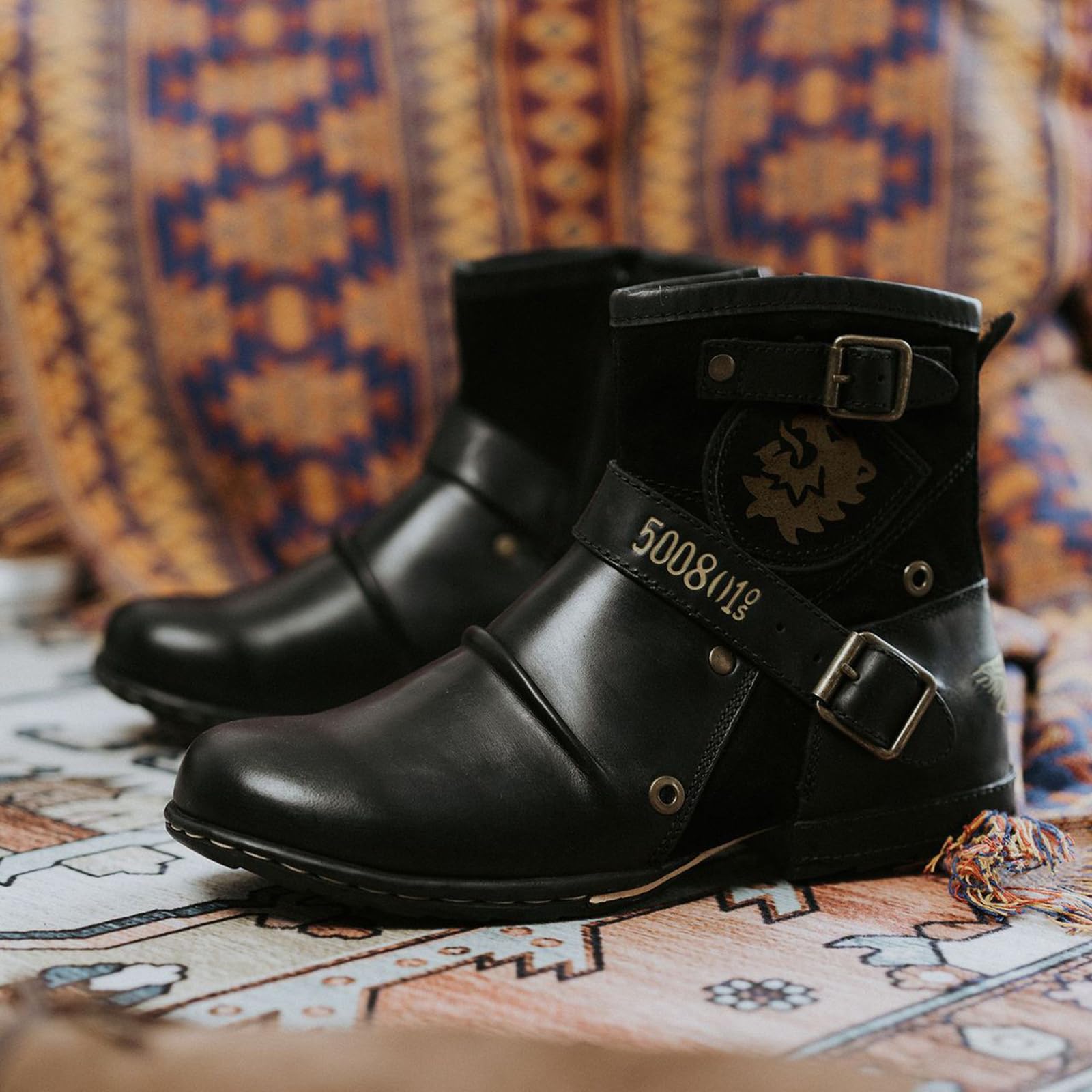 Botas De Moto para Hombre,Botas Moto De Cuero Hombre,Botas Moto Adventure,Botas Moto Touring para Hombre,Cuero,Impermeables,con Cremallera Lateral,para Botas De Aventura Y Turismo