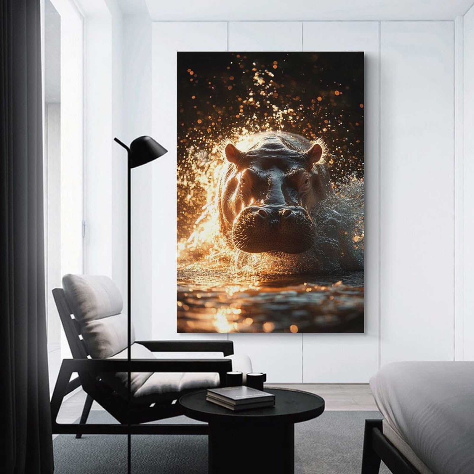 Junmoney Unframe-Style Hippopotamus Emerging From Water At Sunset Wall Art Print, 20X30inch(50X75cm), For Living Room, Bedroom, Office Or Hallway, A Flexible Wall Accent For Shared Spaces