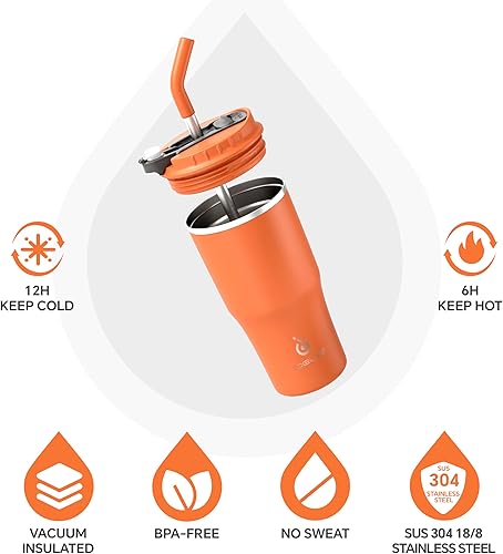 Miniatura 2 de Ideus Vaso aislado con tapa de popote a prueba de fugas y tapa abatible, taza de viaje de café de acero inoxidable de doble pared para bebidas frías