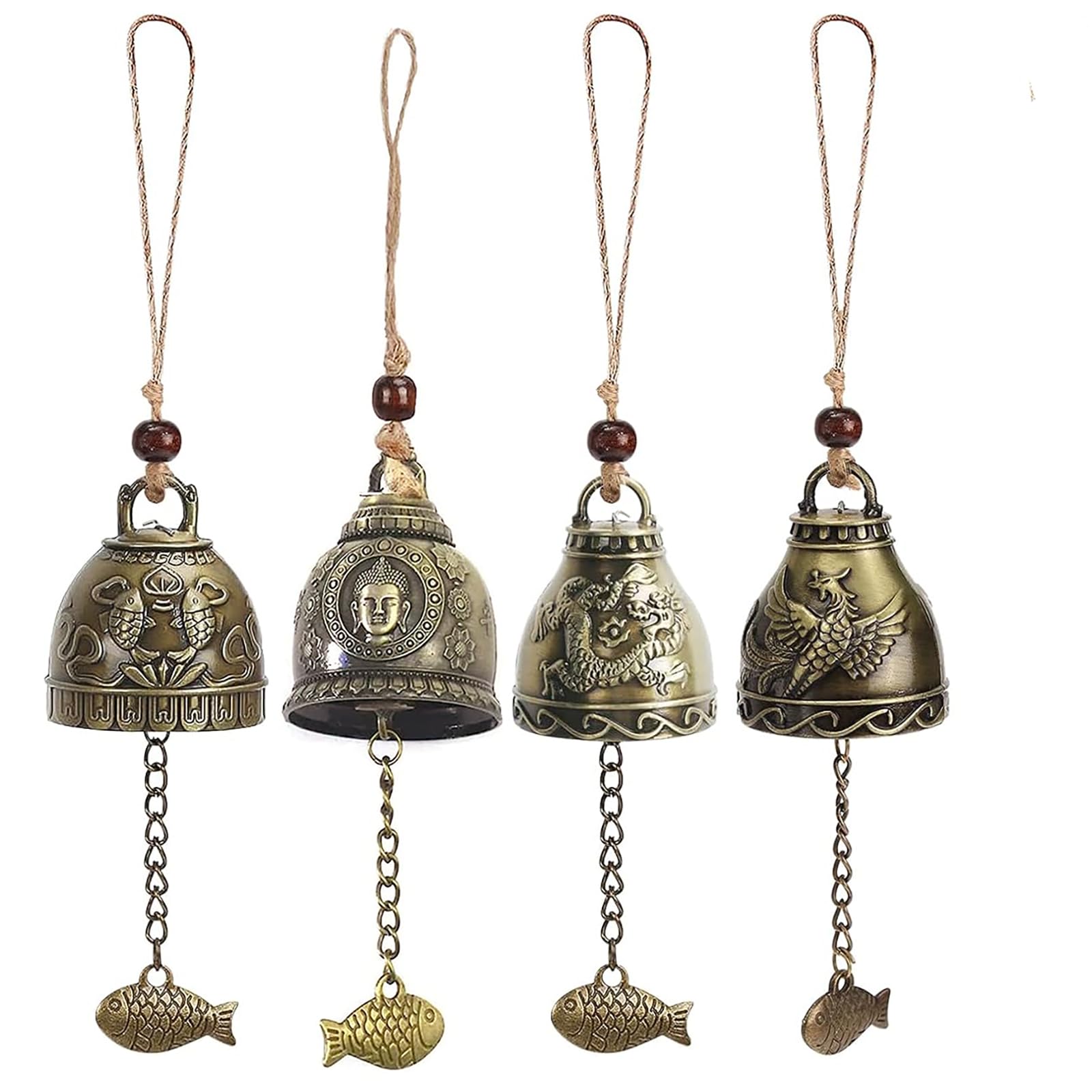 4 Pezzi Campanelli Eolici Feng Shui, Campanelli Eolici Cinesi Fengshui, Motivo Pesce Drago, Vintage Campana d'Epoca, per Giardino di Casa