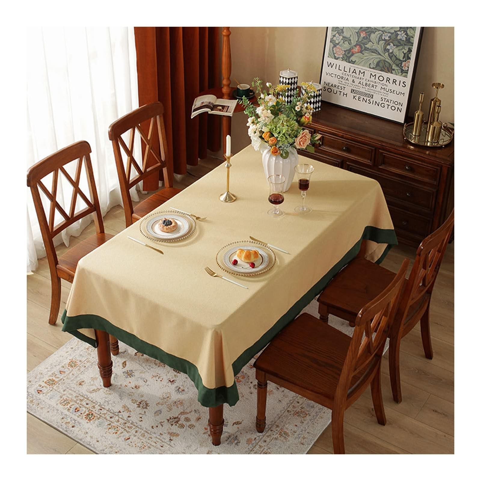 Rechteckige Tischdecke 110x170 cm, Polyester Tischtuch Abwaschbar Einfarbig mit Grün Rand Tischwäsche für Outdoor Party Küche, Gelb