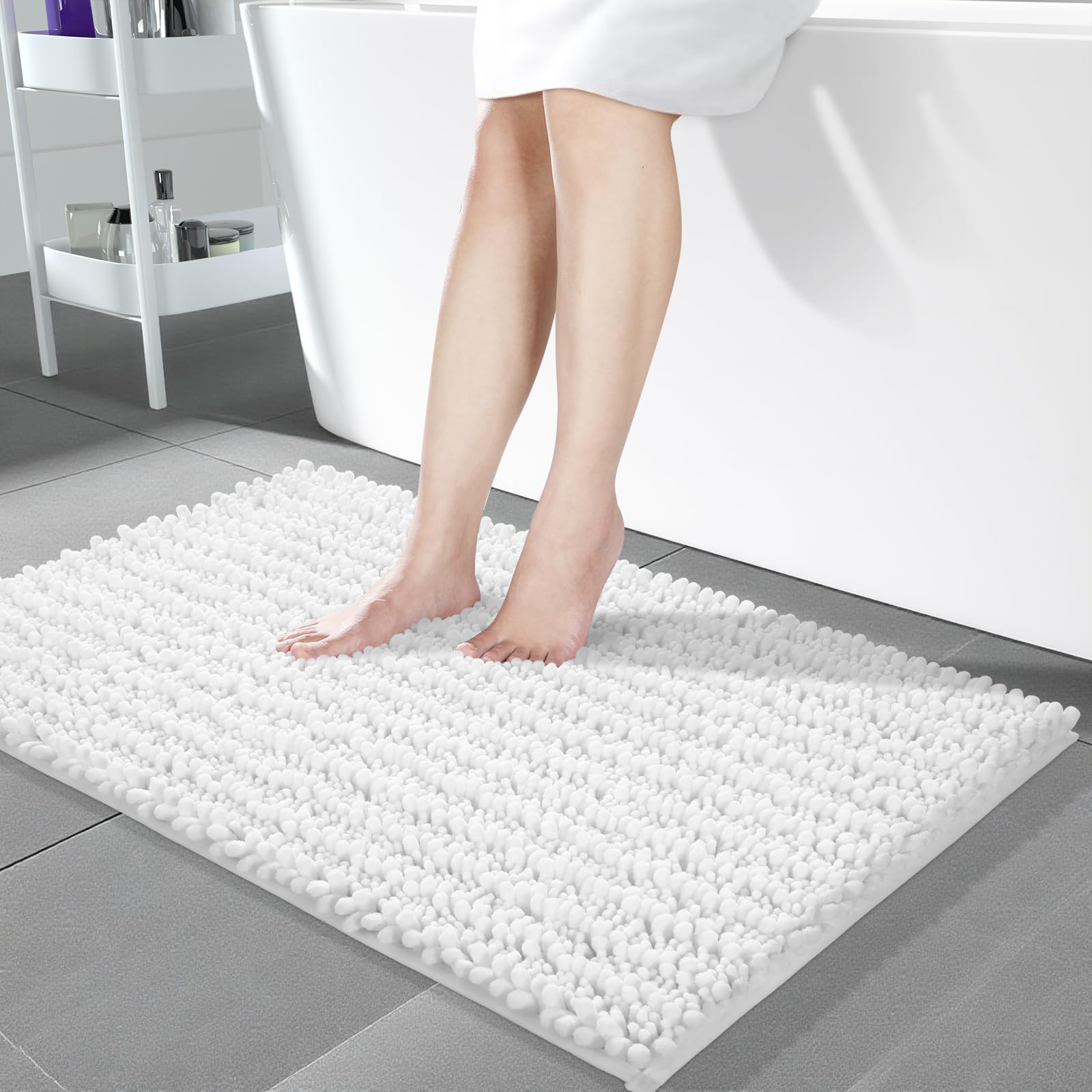 Yimobra Long Bathroom Rugs Non Slip Washable 44x24 Inch - Ultra Soft Absorbent Chenille Bath Mat, Quick Dry Shaggy Floor Carpet for Tub Shower, White Home Decor Accessories