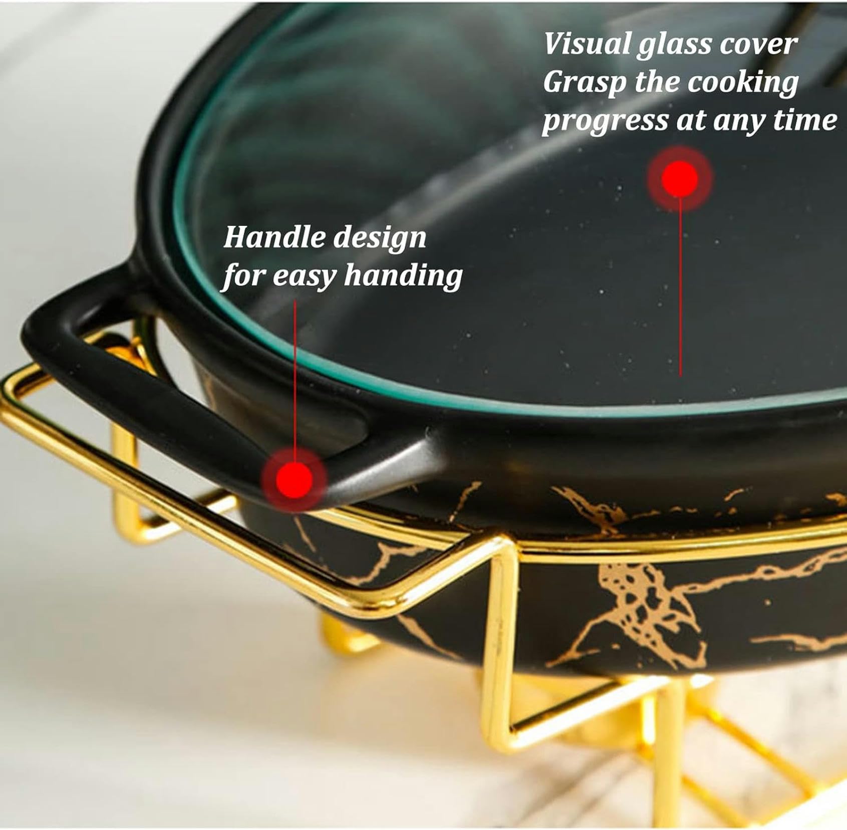 Set da Buffet con scaldavivande in Ceramica, Finitura Effetto Marmo, con Coperchio in Vetro e Porta-combustibile per Buffet/Banchetti (Nero L)