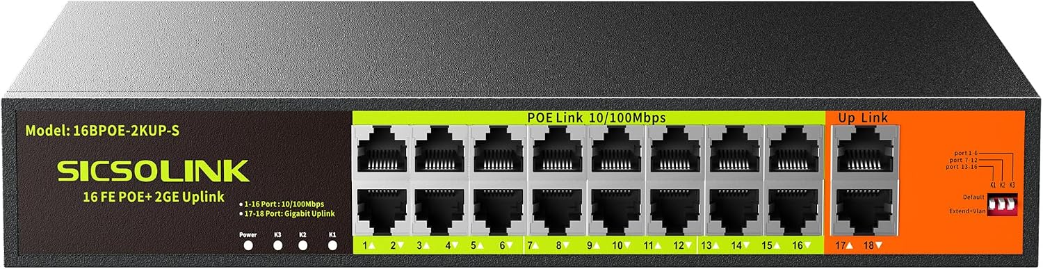 16 Port PoE Switch with 2 Gigabit Uplink, 250W Rack Mount Ethernet Switch, IEEE 802.3af/at, 30W/Port, VLAN Mode, 250M Extended Distance, Unmanaged Network Switch for IP Cameras, WiFi APs, VoIP Phones