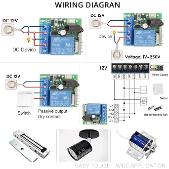 DieseRC DC 12V Wireless Radio Remote Control Switch 2 RF Relay Receivers with 2 Transmitters 433Mhz EV1527 Learning Code programable Remote Control Switch
