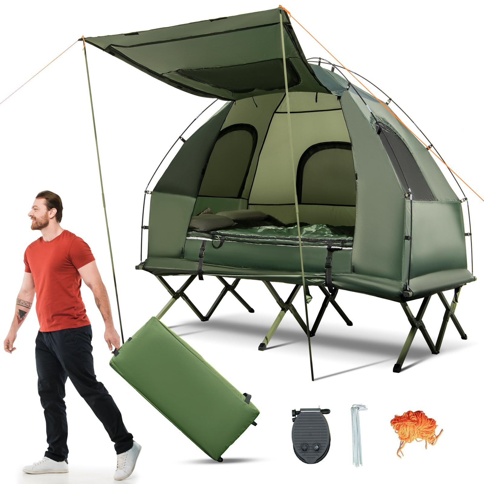 SPOTRAVEL 1/2 Person Camping Tent, Folding Tent Cot with Camping Bed, Air Mattress and Sleeping Bags, Waterproof UV Protection Dome Tent for Hiking, Camping, Picnic & Travel (193 x 137 x 185cm)