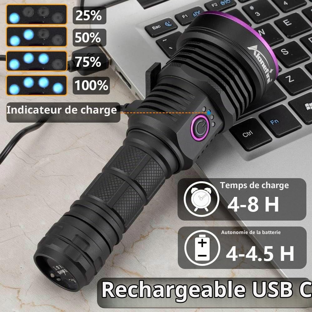 Alonefire SV43 36W Lampe Torche UV LED 365nm Rechargeable Lampe Ultraviolet Lumiere Noire Détecteur D'urine pour Resine, Peinture, Scorpion, Minéraux avec Lunettes de Protection UV, Pile Incluse