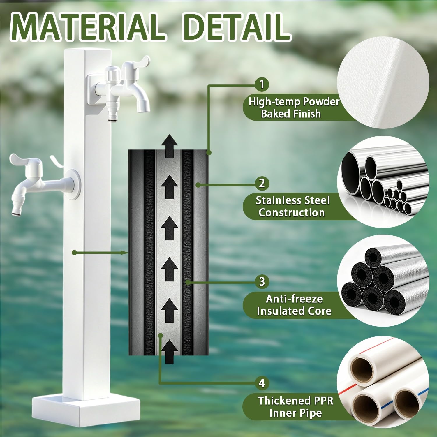 Columna De Agua De Jardín Independiente Cuadrada Blanca, Grifo para Exteriores Anticongelante 3 Salidas, Hidrante De Jardín, para Terraza Patio Césped Granja